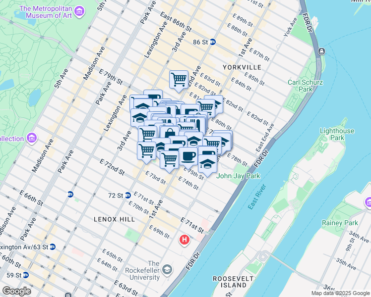 map of restaurants, bars, coffee shops, grocery stores, and more near 345 East 77th Street in New York