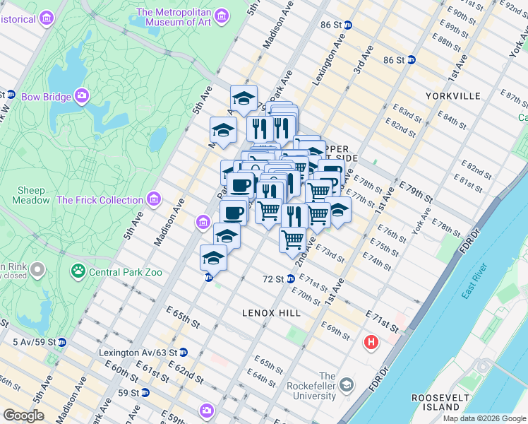 map of restaurants, bars, coffee shops, grocery stores, and more near 161 East 74th Street in New York