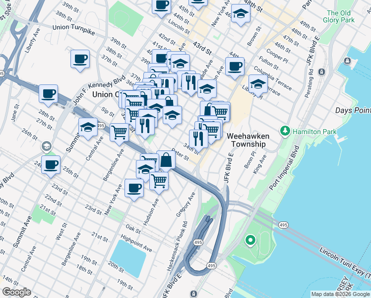 map of restaurants, bars, coffee shops, grocery stores, and more near 146 34th Street in Union City