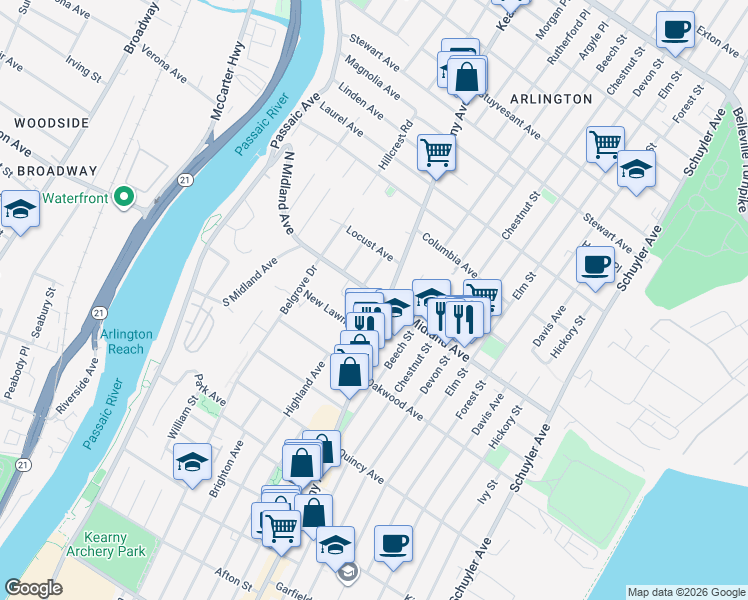 map of restaurants, bars, coffee shops, grocery stores, and more near in Kearny