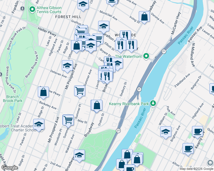 map of restaurants, bars, coffee shops, grocery stores, and more near 621-635 Broadway in Newark