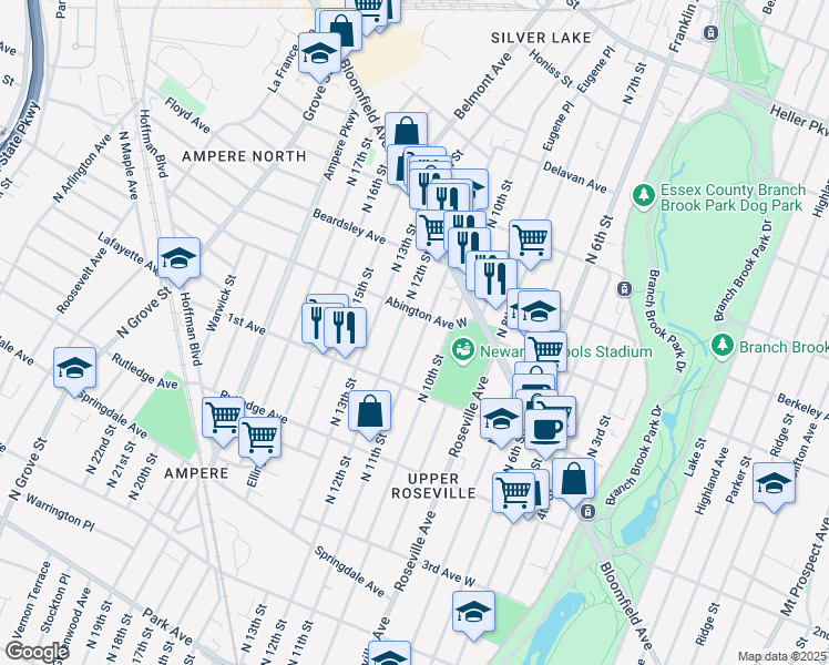 map of restaurants, bars, coffee shops, grocery stores, and more near 432 North 12th Street in Newark