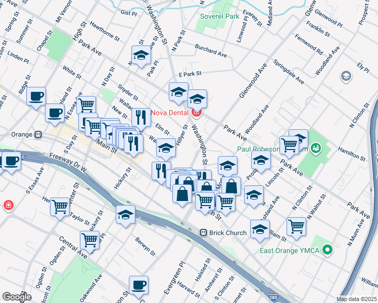 map of restaurants, bars, coffee shops, grocery stores, and more near 65 Washington Street in East Orange