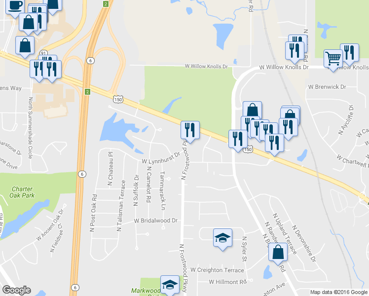 map of restaurants, bars, coffee shops, grocery stores, and more near 6809 North Frostwood Parkway in Peoria