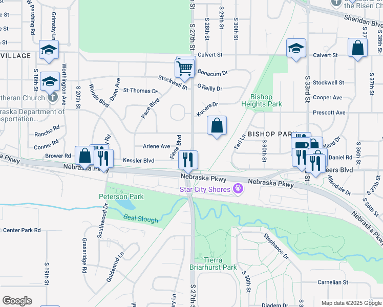 map of restaurants, bars, coffee shops, grocery stores, and more near 4035 South 27th Street in Lincoln
