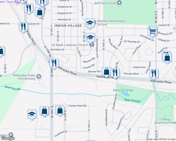map of restaurants, bars, coffee shops, grocery stores, and more near 1834 Connie Road in Lincoln