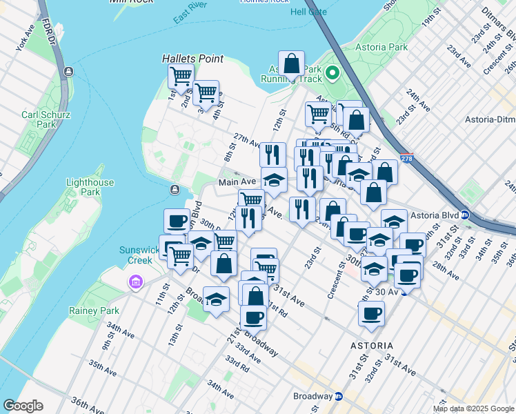 map of restaurants, bars, coffee shops, grocery stores, and more near 12-22 30th Avenue in Queens