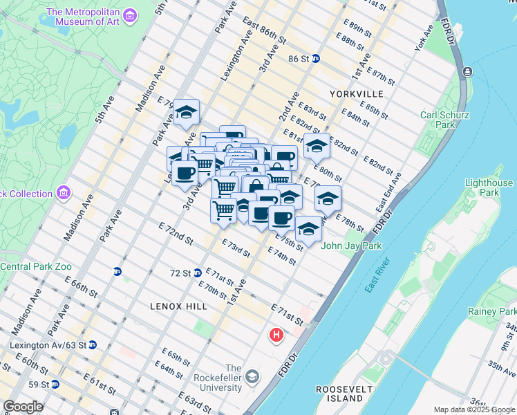 map of restaurants, bars, coffee shops, grocery stores, and more near 347 East 76th Street in New York