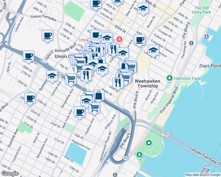 map of restaurants, bars, coffee shops, grocery stores, and more near 146 34th Street in Union City