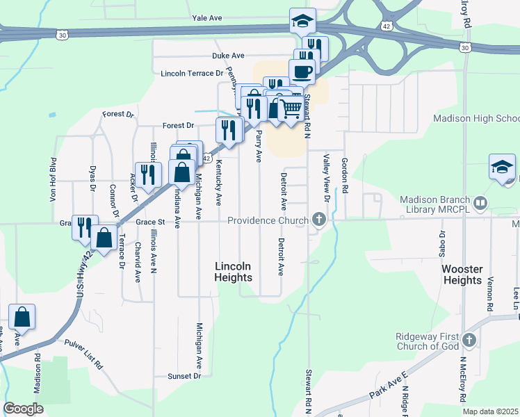 map of restaurants, bars, coffee shops, grocery stores, and more near 490 Parry Avenue in Mansfield