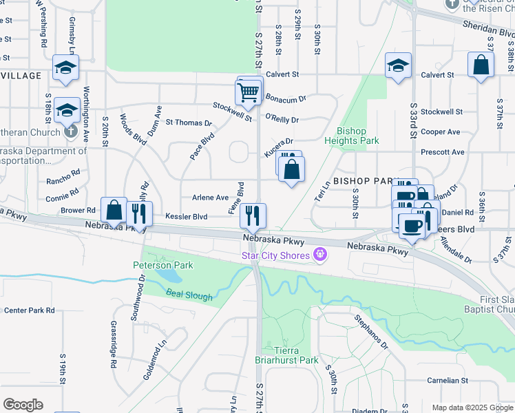 map of restaurants, bars, coffee shops, grocery stores, and more near 4035 South 27th Street in Lincoln