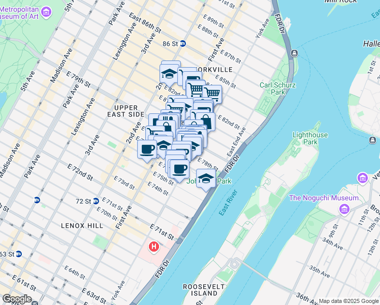 map of restaurants, bars, coffee shops, grocery stores, and more near 453 East 78th Street in New York