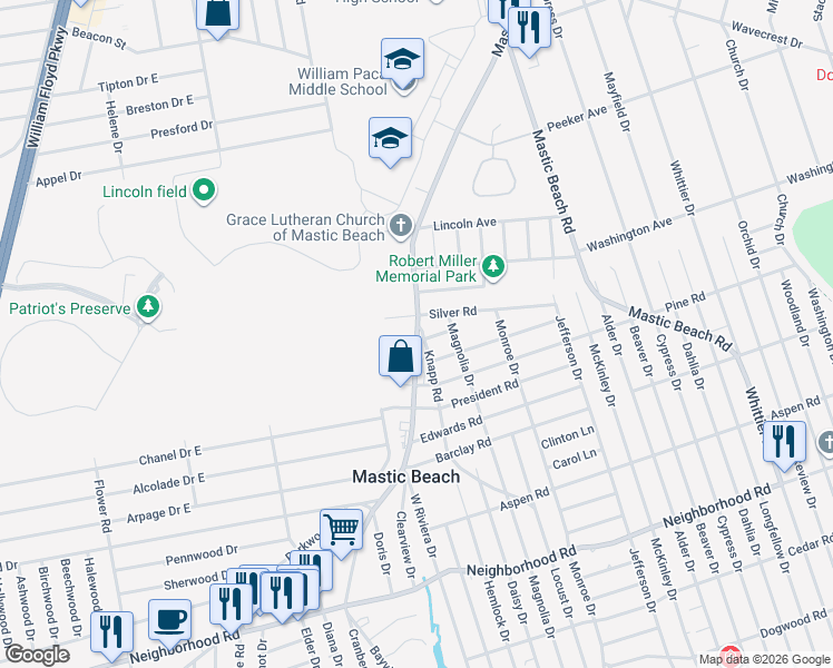map of restaurants, bars, coffee shops, grocery stores, and more near 65 Silver Road in Mastic Beach