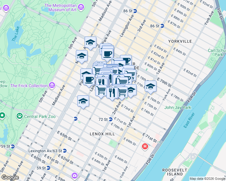 map of restaurants, bars, coffee shops, grocery stores, and more near 1309 3rd Avenue in New York