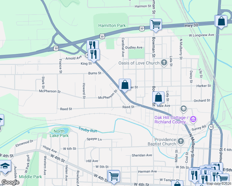 map of restaurants, bars, coffee shops, grocery stores, and more near 647 Springmill Street in Mansfield