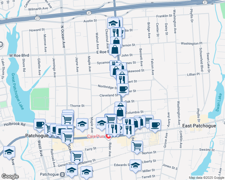 map of restaurants, bars, coffee shops, grocery stores, and more near 73 Northridge Street in Patchogue