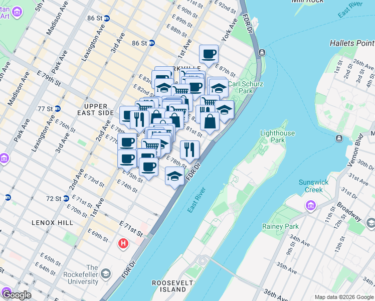 map of restaurants, bars, coffee shops, grocery stores, and more near 525 East 79th Street in New York