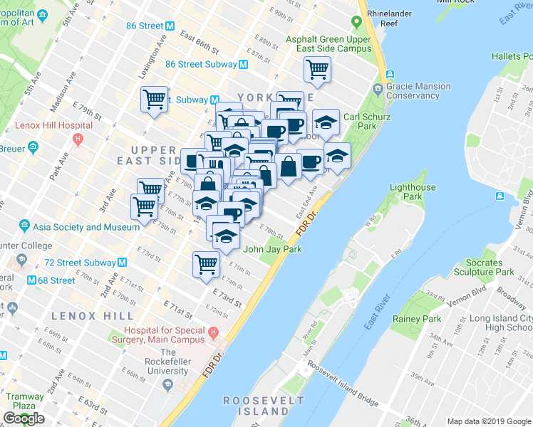 map of restaurants, bars, coffee shops, grocery stores, and more near 503 East 79th Street in New York