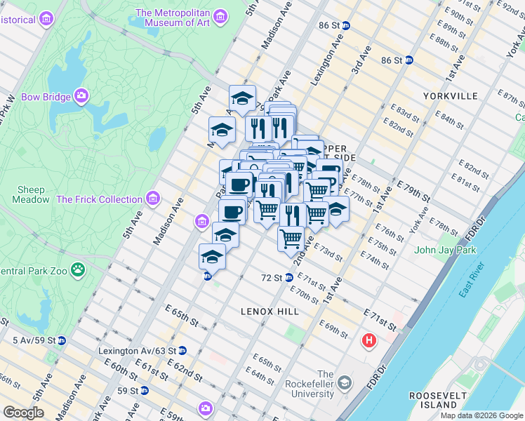 map of restaurants, bars, coffee shops, grocery stores, and more near 161 East 74th Street in New York