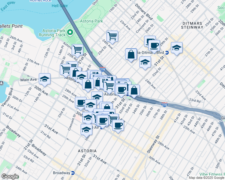 map of restaurants, bars, coffee shops, grocery stores, and more near 27-14 Hoyt Avenue South in Queens