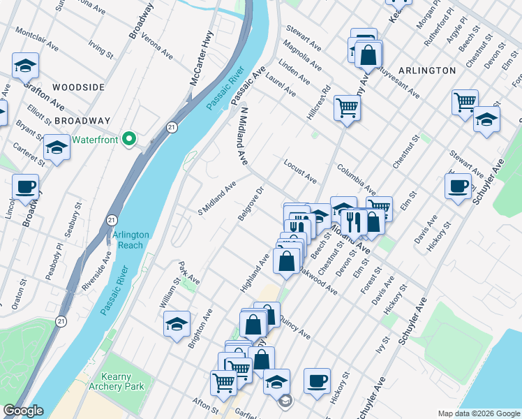 map of restaurants, bars, coffee shops, grocery stores, and more near 612 Belgrove Drive in Kearny
