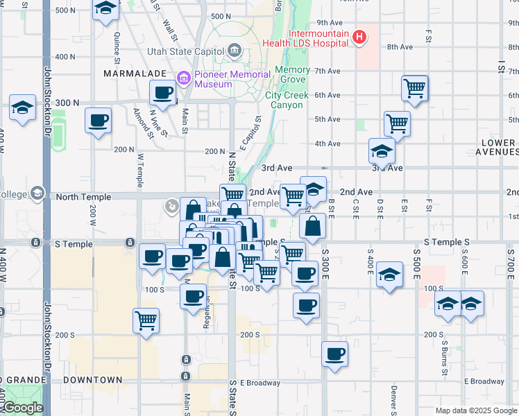 map of restaurants, bars, coffee shops, grocery stores, and more near 125 East 1st Avenue in Salt Lake City