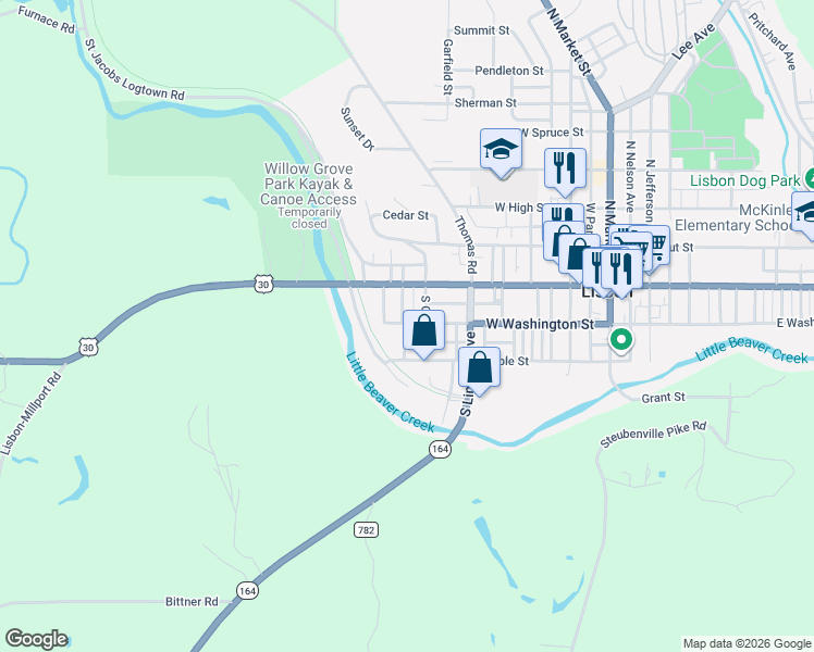 map of restaurants, bars, coffee shops, grocery stores, and more near 519 West Washington Street in Lisbon