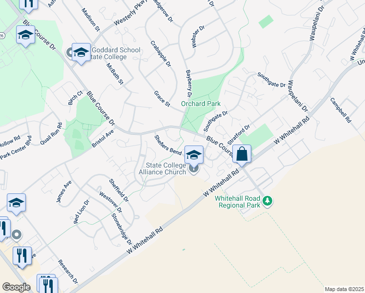 map of restaurants, bars, coffee shops, grocery stores, and more near 3181 Shellers Bend in State College