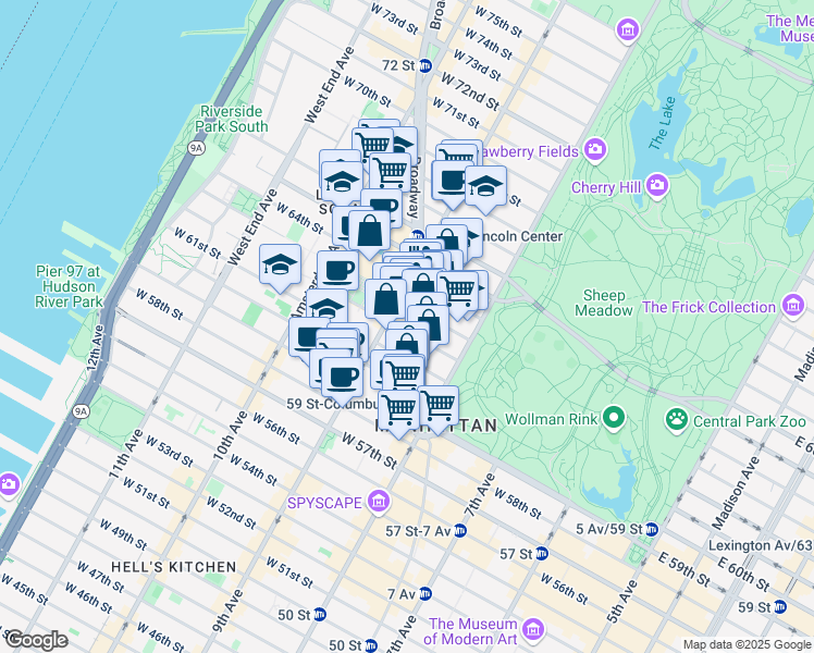 map of restaurants, bars, coffee shops, grocery stores, and more near 51 West 62nd Street in New York