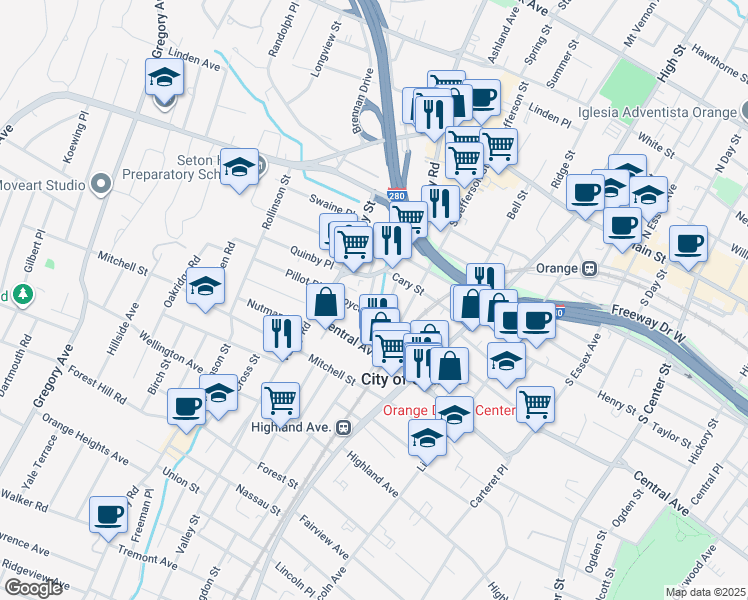 map of restaurants, bars, coffee shops, grocery stores, and more near 458 Valley Road in West Orange
