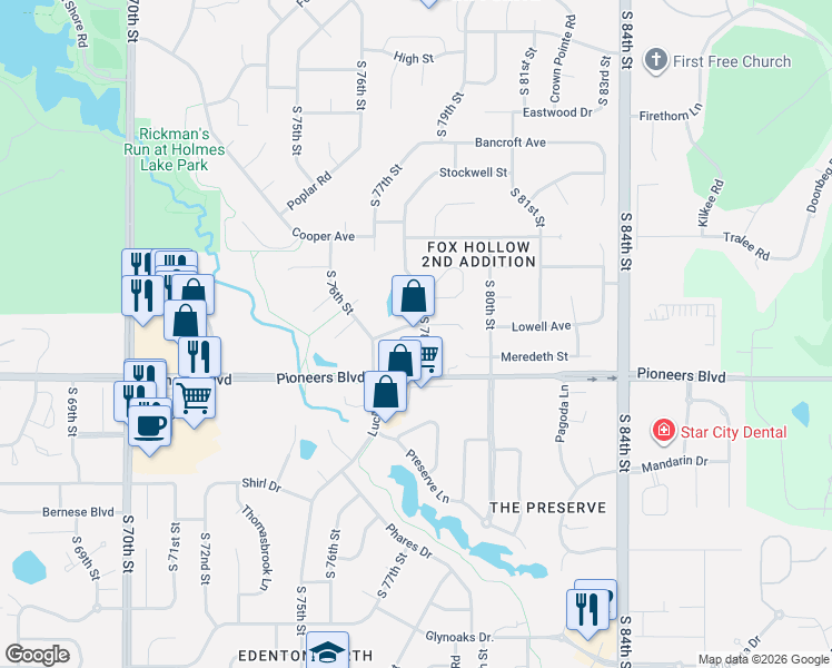 map of restaurants, bars, coffee shops, grocery stores, and more near 4040 South 78th Street in Lincoln