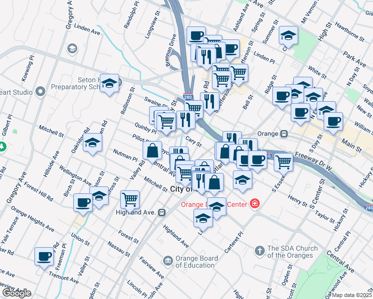 map of restaurants, bars, coffee shops, grocery stores, and more near 548 Cary Street in City of Orange