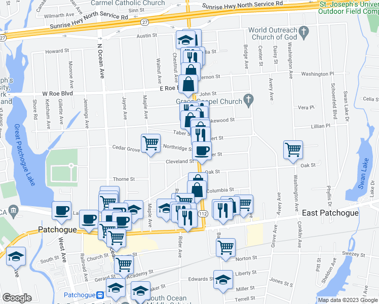 map of restaurants, bars, coffee shops, grocery stores, and more near 72 Northridge Street in Patchogue