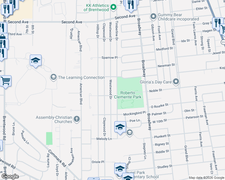map of restaurants, bars, coffee shops, grocery stores, and more near 161 Claywood Drive in Brentwood