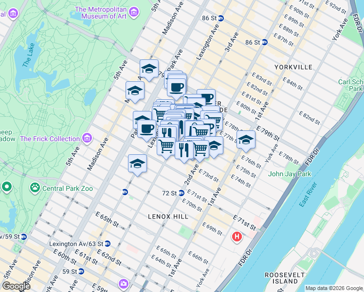 map of restaurants, bars, coffee shops, grocery stores, and more near 225 East 74th Street in New York