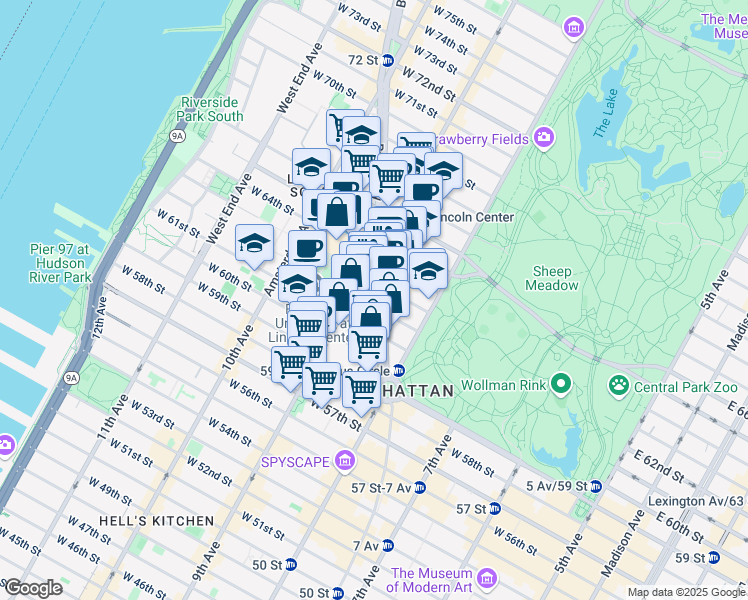 map of restaurants, bars, coffee shops, grocery stores, and more near 1881 Broadway in New York