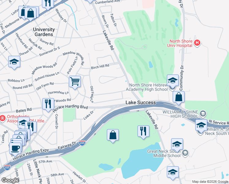 map of restaurants, bars, coffee shops, grocery stores, and more near 118 Windsor Gate in Lake Success