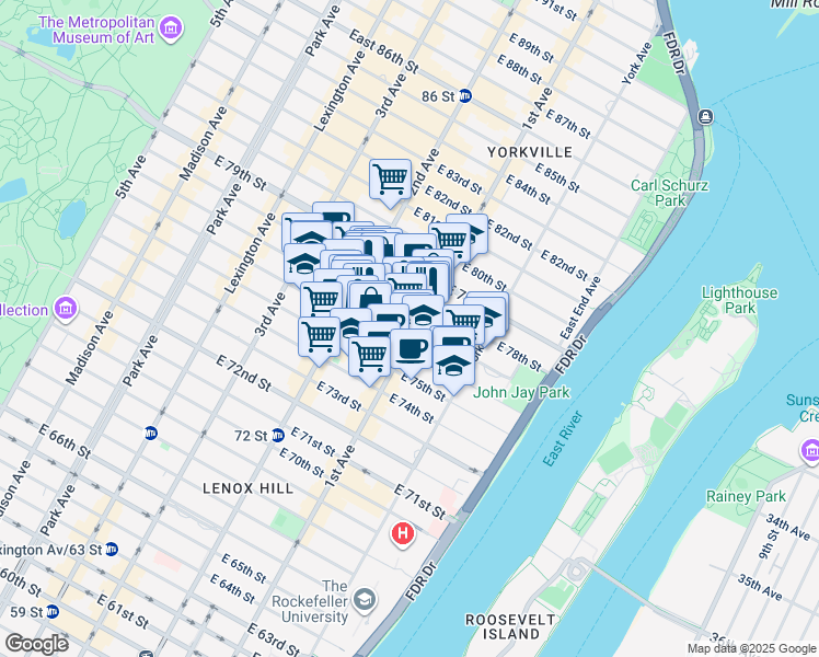 map of restaurants, bars, coffee shops, grocery stores, and more near 1475 1st Avenue in New York
