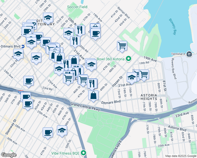 map of restaurants, bars, coffee shops, grocery stores, and more near 21-17 47th Street in Queens