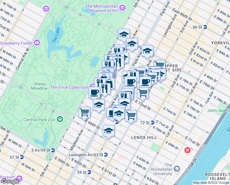 map of restaurants, bars, coffee shops, grocery stores, and more near in New York
