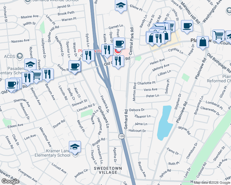 map of restaurants, bars, coffee shops, grocery stores, and more near 45 Margaret Drive in Plainview