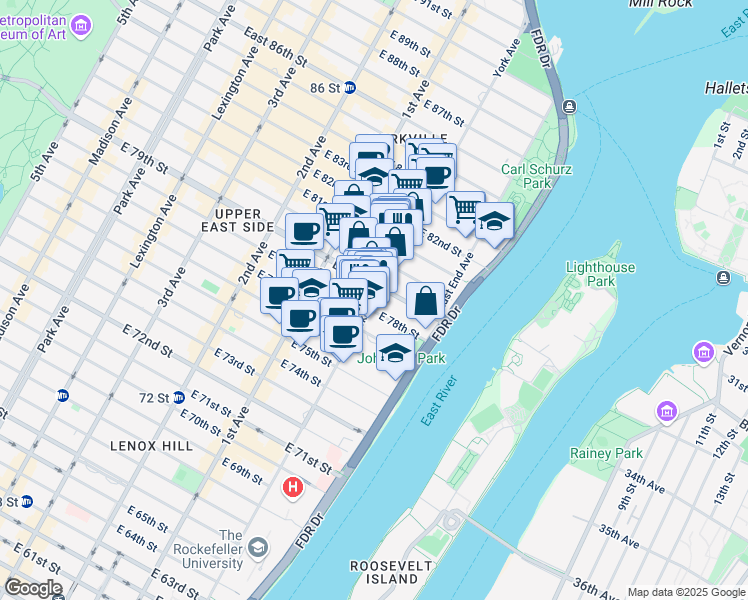 map of restaurants, bars, coffee shops, grocery stores, and more near 1478 York Avenue in New York