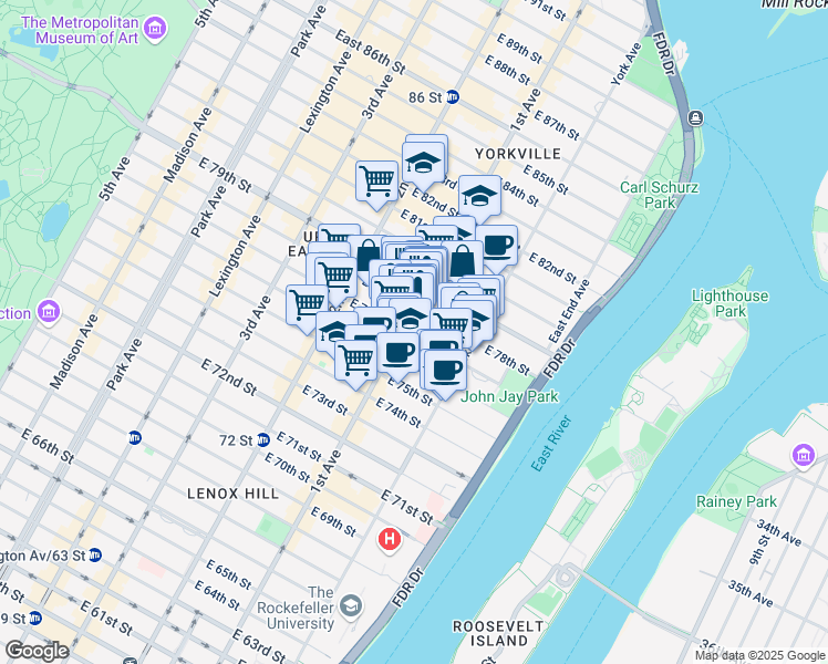 map of restaurants, bars, coffee shops, grocery stores, and more near 401 East 77th Street in New York