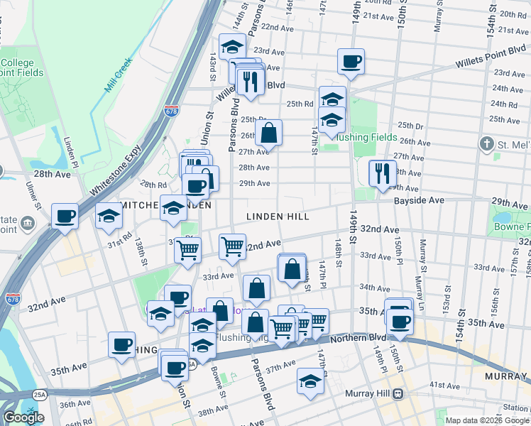 map of restaurants, bars, coffee shops, grocery stores, and more near in Queens