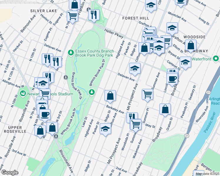 map of restaurants, bars, coffee shops, grocery stores, and more near 441-447 Highland Avenue in Newark