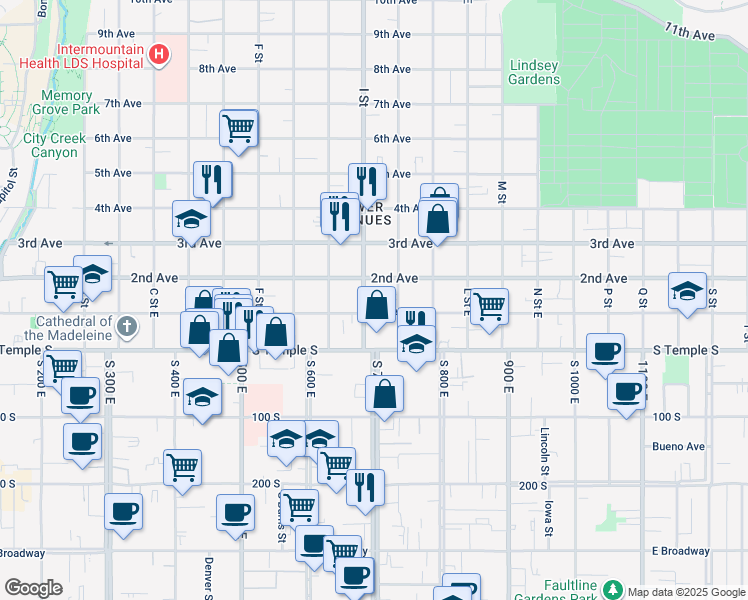 map of restaurants, bars, coffee shops, grocery stores, and more near 604 2nd Avenue in Salt Lake City