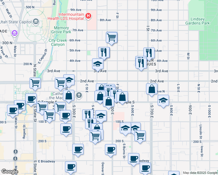 map of restaurants, bars, coffee shops, grocery stores, and more near 82 E Street East in Salt Lake City