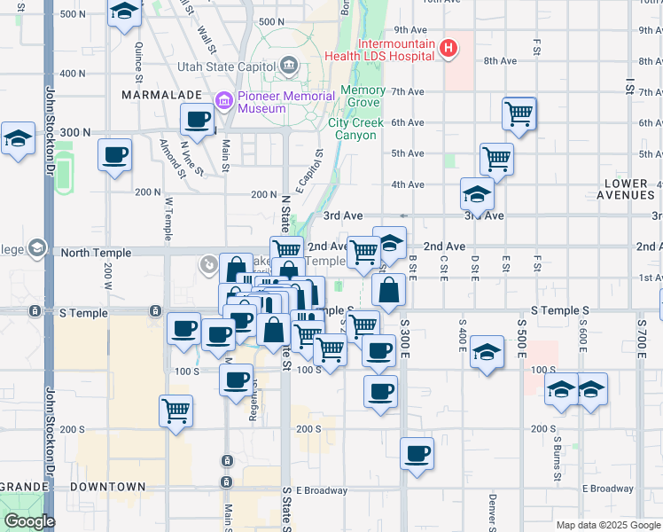 map of restaurants, bars, coffee shops, grocery stores, and more near 124 2nd Avenue in Salt Lake City