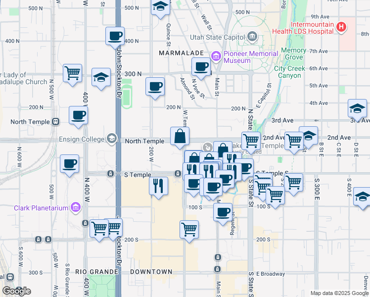 map of restaurants, bars, coffee shops, grocery stores, and more near 45 North West Temple in Salt Lake City