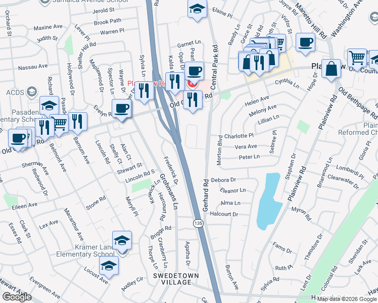 map of restaurants, bars, coffee shops, grocery stores, and more near 45 Margaret Drive in Plainview